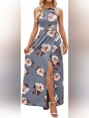 Zesica Women's Small Halter Open Back Floral Gray Maxi Dress With Tie On Back